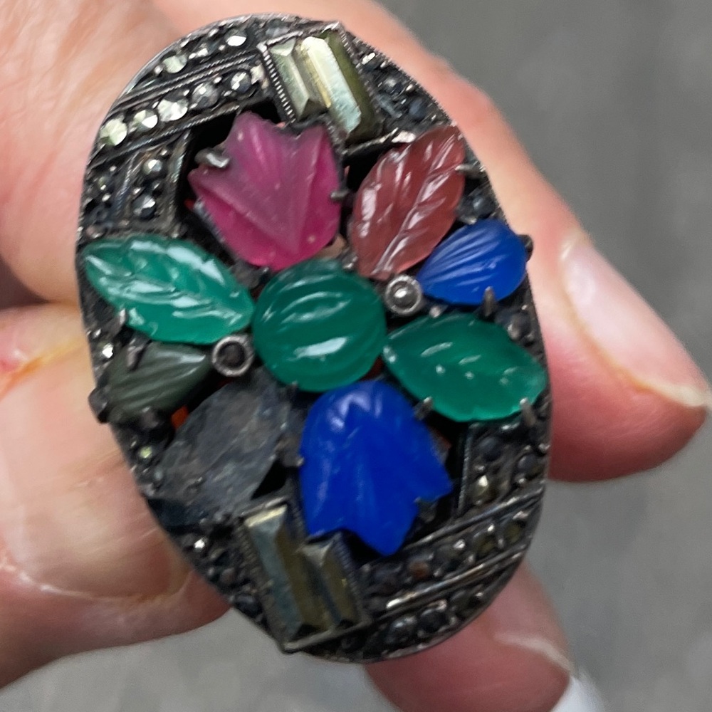 antique 1950s TRIFARI Alfred Philippe Tricolor Fruit Salad & Pave Crystals ring.